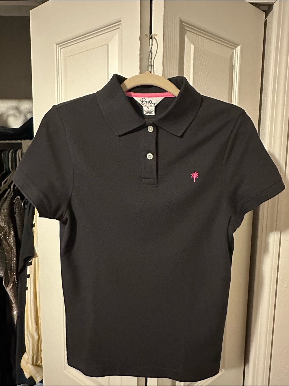 Lilly Pulitzer women’s shrunken Black Polo with Pink Palm Logo